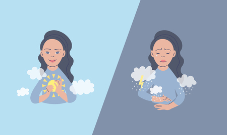 Vector illustration of a man in depressive state of mind. Depression and frustration concept. Monochrome artwork dedicated to mental health problems.のイラスト素材