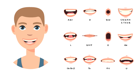Cartoon talking mouth and lips expressions vector animations poses. Accent and pronunciation speak, tongue and articulate illustrationのイラスト素材