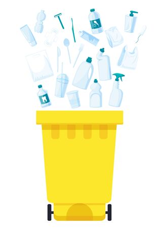 Plastic waste collection on white. Plastic bottles and another garbage, non-recyclable trashのイラスト素材