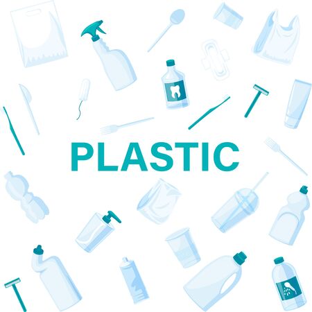 Plastic waste collection on white. Plastic bottles and another garbage, non-recyclable trashのイラスト素材