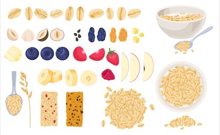 Realistic muesli on transparent background set with isolated images of cereals spreading and bars with text vectorのイラスト素材