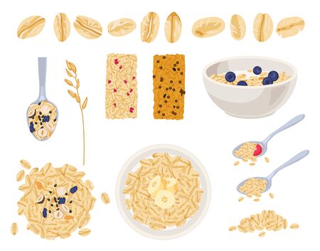 Realistic muesli on transparent background set with isolated images of cereals spreading and bars with text vectorのイラスト素材