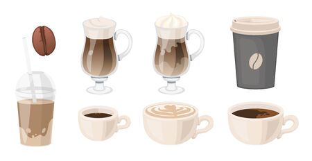 Coffee set. latte grain glasse takeaway coffee ice espresso cappuccino americano Vector illustrationのイラスト素材