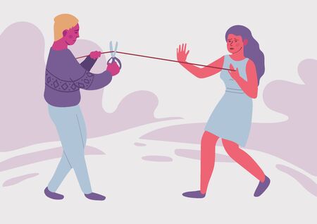 Love addiction. Psychological concept. Parting of two people. Difficult relationship. The gap. Divorce. Colorful vector illustration.のイラスト素材