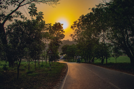 A serene countryside road in Chattogram, Bangladesh, glowing under the golden sunset, with trees lining the way and a rickshaw passing peacefully through the evening light.の写真素材