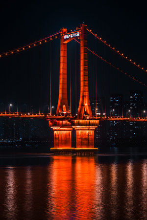Hanyang (Changjiang) Bridge glowing in orange lights over the Yangtze River in Wuhan, China,...