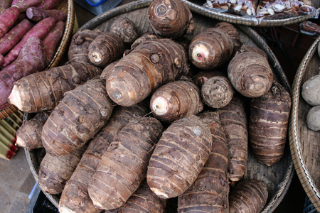 pile of taro for retail sale in local marketの写真素材