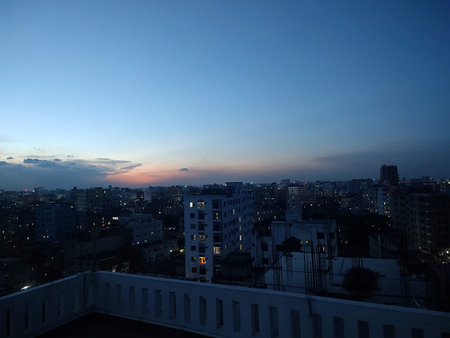 Sunset in the city. Panoramic view of the city.