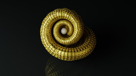 Abstract gold ring on black background. 3d render illustration with reflectionの写真素材