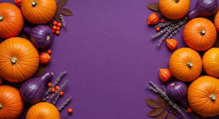 Autumn composition. Frame made of pumpkins, berries and leaves on purple background. Flat lay, top view, copy spaceの素材