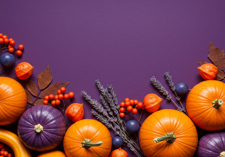 Autumn composition with pumpkins, berries and leaves on purple backgroundの素材