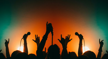 silhouette of a crowd of people at a concert on stageの素材