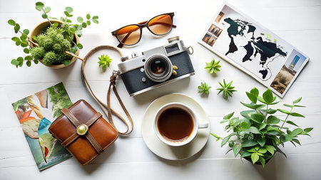 Top view of travel items on white wooden table. Travel concept.の素材