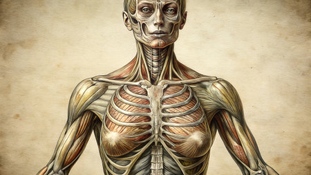 3D rendering of a male figure with muscle maps on vintage paper backgroundの素材