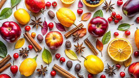Autumn background with fruits, berries and spices. Top view.の素材