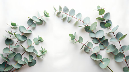 Eucalyptus branches on white background. Flat lay, top view.の素材