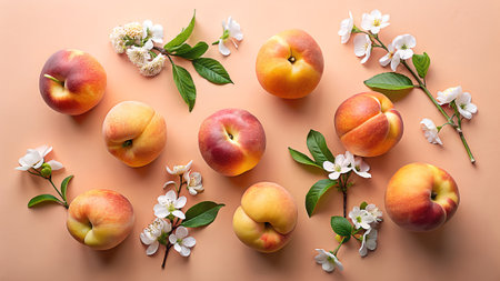Composition with fresh ripe peaches and flowers on color background, top viewの素材