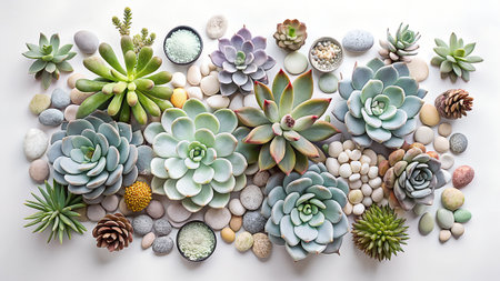 Mix of succulent plants on white background. Flat lay, top view.の素材
