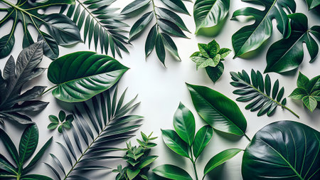 Tropical leaves on white background. Flat lay, top viewの素材