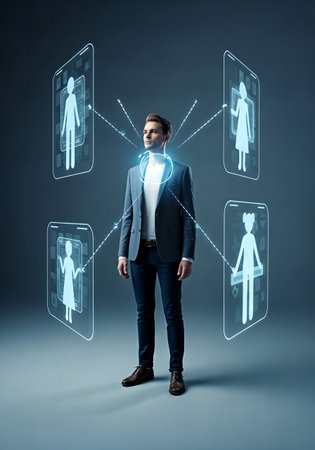 A well-dressed man stands confidently, surrounded by glowing holographic projections of people. The image conveys themes of networking, technology, and connection.の素材
