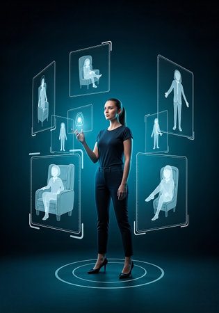 A focused businesswoman stands in a futuristic space, interacting with a circular array of glowing holographic screens that display data on human avatars and postures.の素材