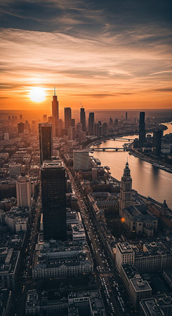 An aerial view captures a stunning sunset over a modern cityscape. The image showcases skyscrapers, a river, and bridges, all bathed in warm, golden light. The composition highlights the city's architecture and urban landscape.の素材