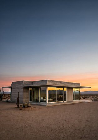 A luxurious modern home stands in serene isolation in the desert at twilight. Its glass walls reflect the vibrant sunset, blending minimalist architecture with the vast landscape.の素材