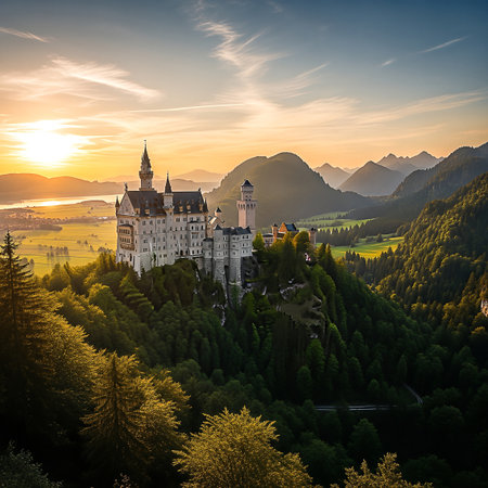 Breathtaking panoramic view of Neuschwanstein Castle in Bavaria, Germany, bathed in the warm glow of a setting sun. The iconic castle sits atop a lush, green hill, surrounded by dense forests and majestic mountains. The golden light illuminates the castle's architecture and the surrounding landscape, creating a serene and picturesque scene.の素材