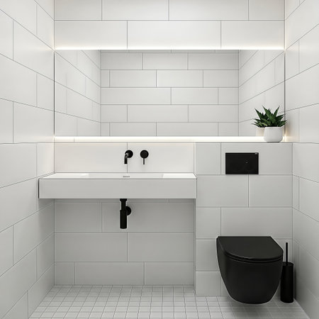 A contemporary, clean bathroom featuring large white rectangular tiles, a floating white sink with black faucets, and a striking black wall-mounted toilet.の素材