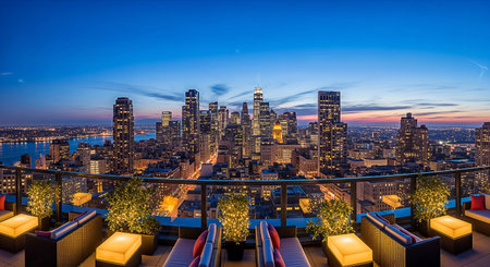 A luxurious rooftop lounge with glowing tables and lit plants offers a stunning panoramic view of the illuminated Manhattan skyline and Hudson River at twilight's blue hour.の素材