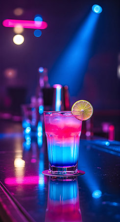 A colorful cocktail sits on a bar, illuminated by neon lights. The layered drink features blue, pink, and red hues, garnished with a lime slice. The scene is set in a bar with a dark, moody atmosphere, enhanced by the dramatic lighting and reflections.の素材
