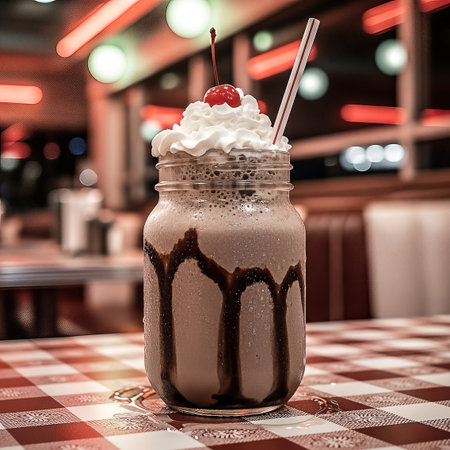 A tempting chocolate milkshake served in a mason jar, topped with whipped cream and a cherry, sits on a red and white checkered tablecloth. The diner setting is suggested by the blurred background lights. The image evokes a sense of nostalgia and indulgence.の素材