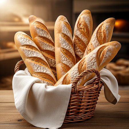 A close-up of warm, crusty French baguettes with flour-dusted tops, nestled in a wicker basket on a rustic wooden table, with a glowing bakery oven in the background.の素材