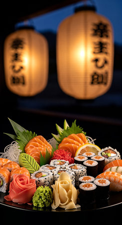 A beautifully arranged sushi platter, featuring a variety of rolls, sashimi, and garnishes, illuminated by soft light. Two Japanese lanterns in the background add an authentic touch. The dark background enhances the vibrant colors of the food.の素材