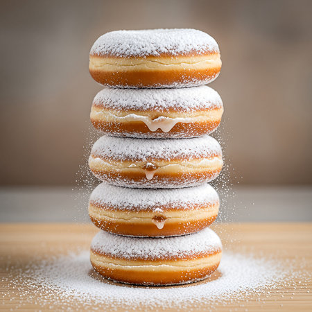 A tempting stack of four golden-brown doughnuts, generously coated in powdered sugar, with creamy filling oozing from the sides.の素材