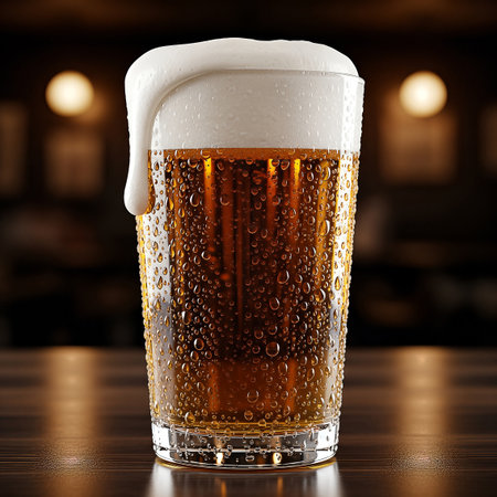 A frosty glass of golden beer, topped with rich, overflowing white foam and glistening condensation, sits on a dark wooden bar with warm bokeh lights.の素材