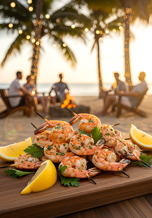 Delicious grilled shrimp skewers, garnished with lemon and parsley, are presented on a wooden board. In the background, a group of people relax on a beach at sunset, with palm trees adorned with bokeh lights.の素材