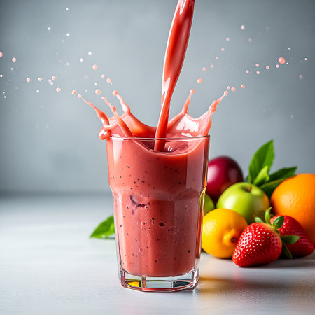 A dynamic image captures a vibrant red smoothie being poured into a glass, creating a splash. Fresh fruit, including strawberries, apples, and oranges, are arranged nearby. The lighting is bright, highlighting the textures and colors.の素材