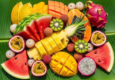 A colorful assortment of tropical fruits including watermelon, mango, kiwi, lychee, dragon fruit, pineapple, papaya, and passion fruit arranged on a vibrant green banana leaf.の素材