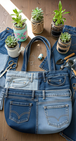A creative still life showcasing a handmade denim tote bag, surrounded by succulents in repurposed jars and gardening tools. The composition highlights upcycling, eco-friendliness, and the beauty of nature. Warm lighting and a wooden background enhance the rustic aesthetic.の素材