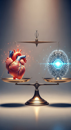 A symbolic image of a human heart and a digital brain balanced on antique golden scales, representing the eternal debate between emotion and logic.の素材