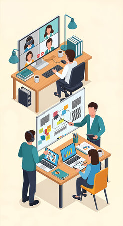 Detailed isometric illustration showcasing modern hybrid work. Remote video conferencing and in-office team collaboration with data analysis and presentations.の素材