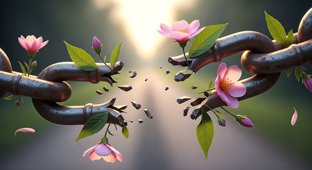 In a burst of soft light, a heavy iron chain shatters, overcome by the gentle power of blooming pink flowers. A metaphor for liberation, resilience, new beginnings, and hope.の素材