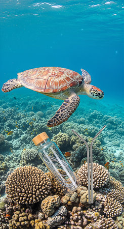 A majestic sea turtle swims gracefully above a colorful coral reef, juxtaposed with a discarded glass bottle and metal straws, highlighting the impact of pollution on marine life.の素材