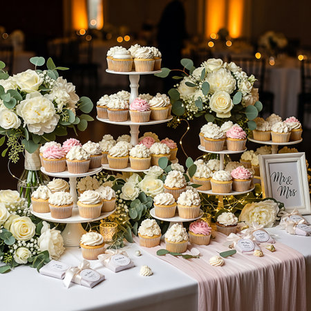 A beautifully arranged wedding cupcake display featuring tiered stands, white and pink frosted cupcakes, floral bouquets, and soft, warm lighting, creating a romantic and celebratory atmosphere.の素材