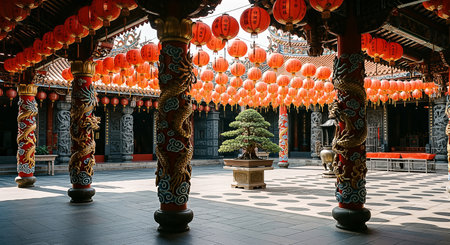 Sunlight filters through a canopy of red lanterns, casting circular shadows on the stone floor of a serene temple courtyard with a central bonsai and dragon pillars.の素材