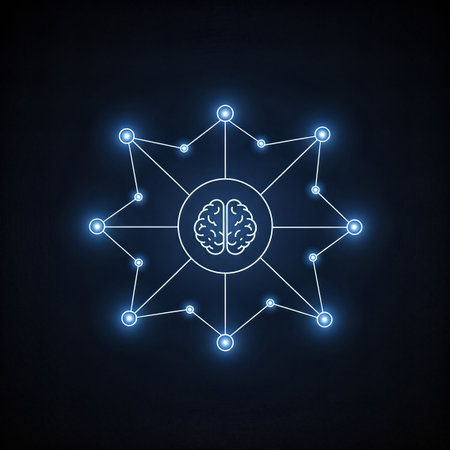 A glowing blue brain icon acts as the central hub for a symmetrical network of nodes, symbolizing AI, intelligence, and digital connectivity on a dark, textured background.の素材