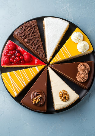 Variety of cakes on a plate on a blue background, top viewの素材