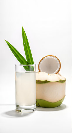 Coconut milk in a glass with fresh coconut on white backgroundの素材