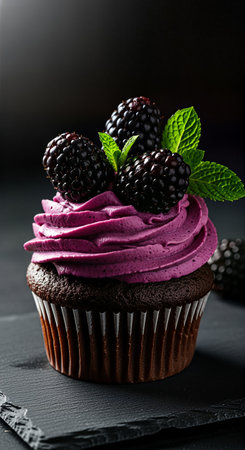 Delicious chocolate cupcake with blackberries and mint on black backgroundの素材